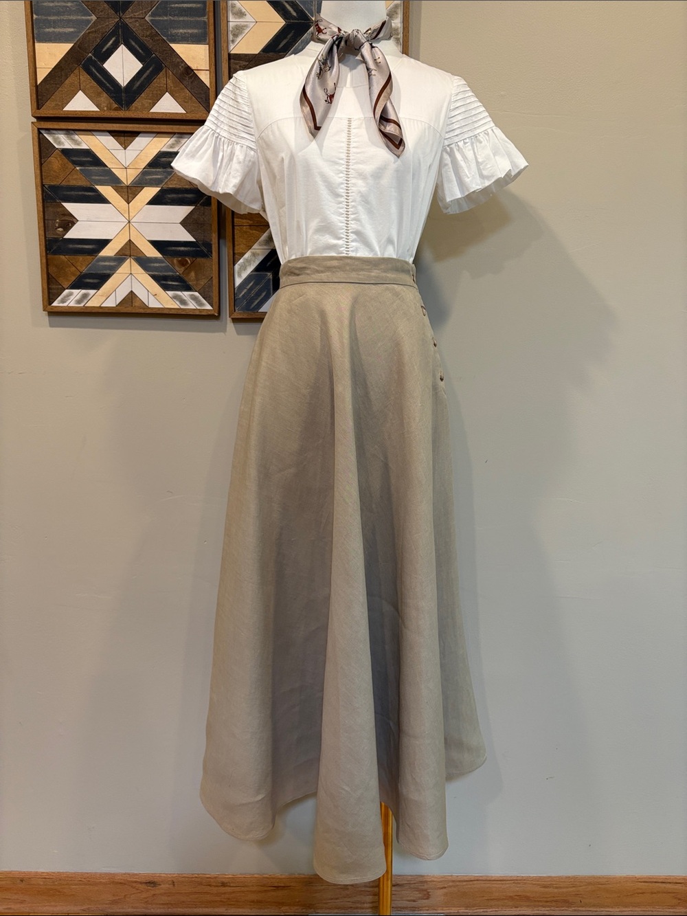 Vintage Ralph Lauren Blue Label 80s Linen Khaki Long Flared Prairie Skirt size 4